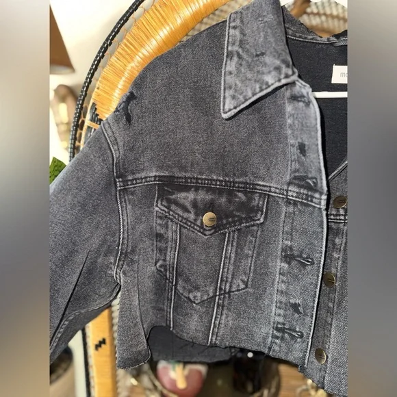 Black Cropped Distressed Denim Jacket by Mono B - Picture 3 of 7